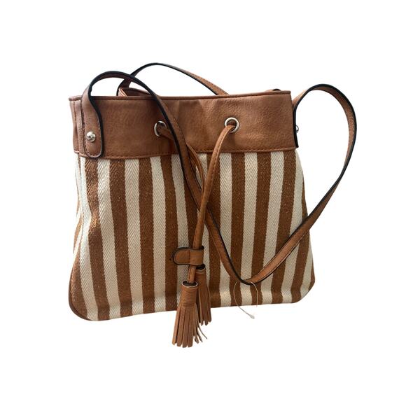 Bueno Women’s Boho Striped Purse Tan Cream Tassel Drawstring - Picture 1 of 10